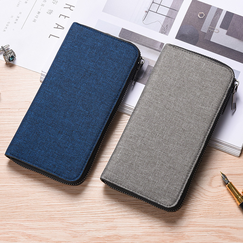 Erkek kanvas cüzdan, uzun model, fermuarlı, çok fonksiyonlu telefon bölmeli