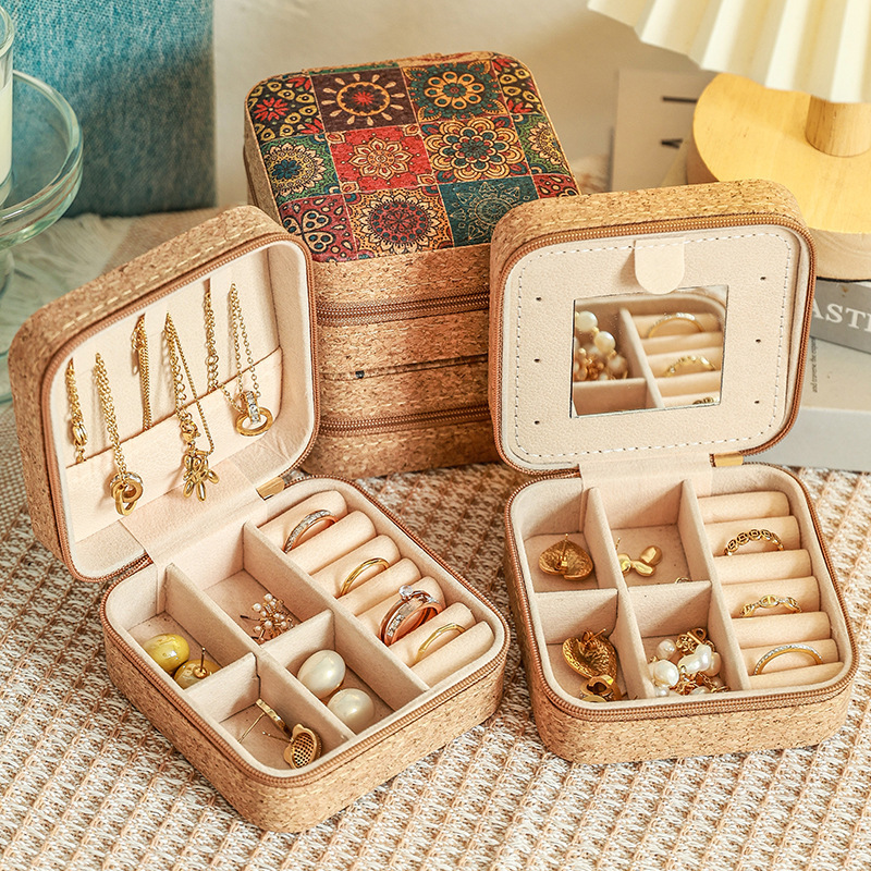 European and American Style Leather Jewelry Storage Box with Mirror Zip Hard Case Portable Travel Earring Ring Jewelry Organizer