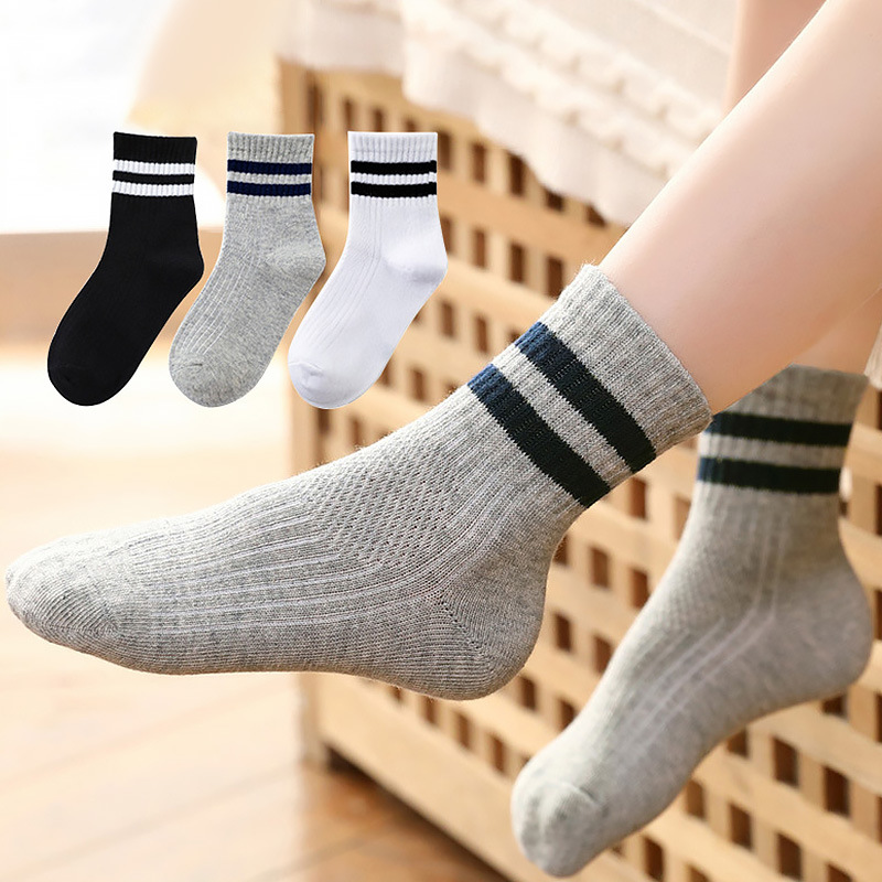 Thin Children's Socks, Solid Color and Striped, Cotton, Mid-Calf