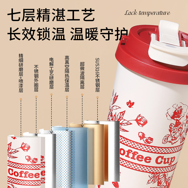 316 Edelstahlthermosbecher, hochwertiges spezielles Geschenk, Auto-Thermosbecher, Kaffeetasse, Becher mit Perlmutt-Blumenmuster, mit Trinkhalm - 5