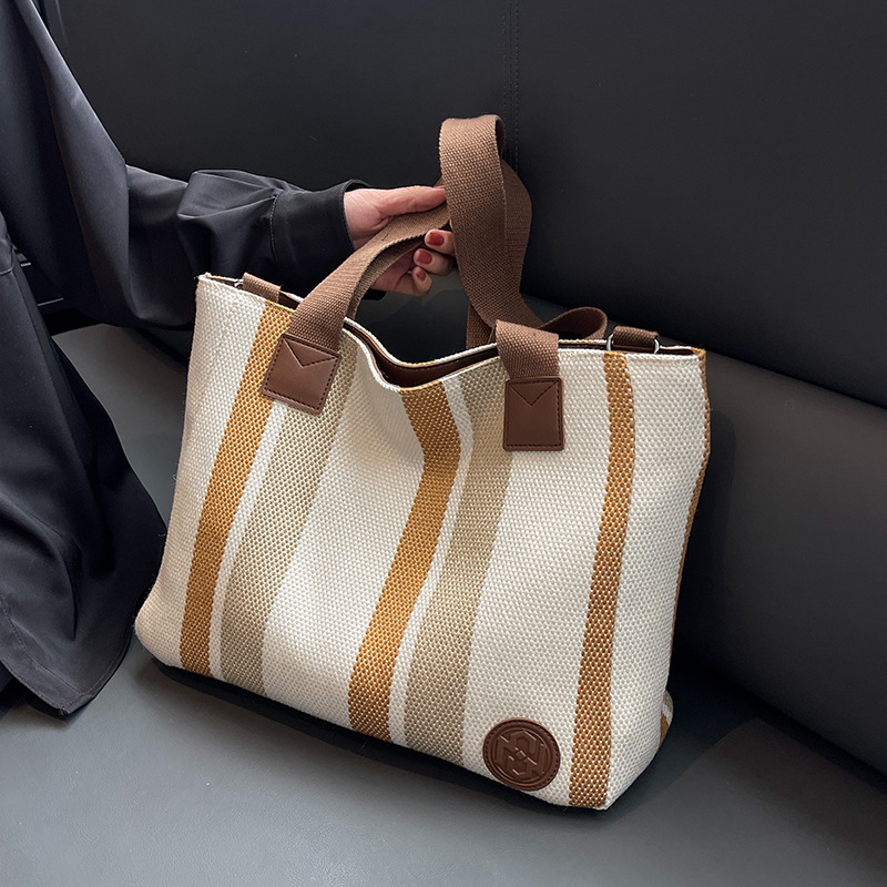 Large Capacity Canvas Bag Korean Style Casual Women's Fashion Single Shoulder Bag Vertical Striped Niche Versatile Commuter Women's Tote Bag