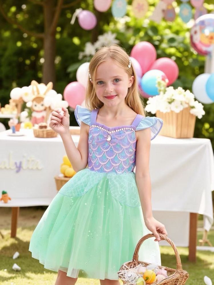 Girls Cross-Border Summer Best-Selling Flying Sleeve Suspender Mesh Dress, Sparkling Sequin Mermaid Princess Dress for Kids