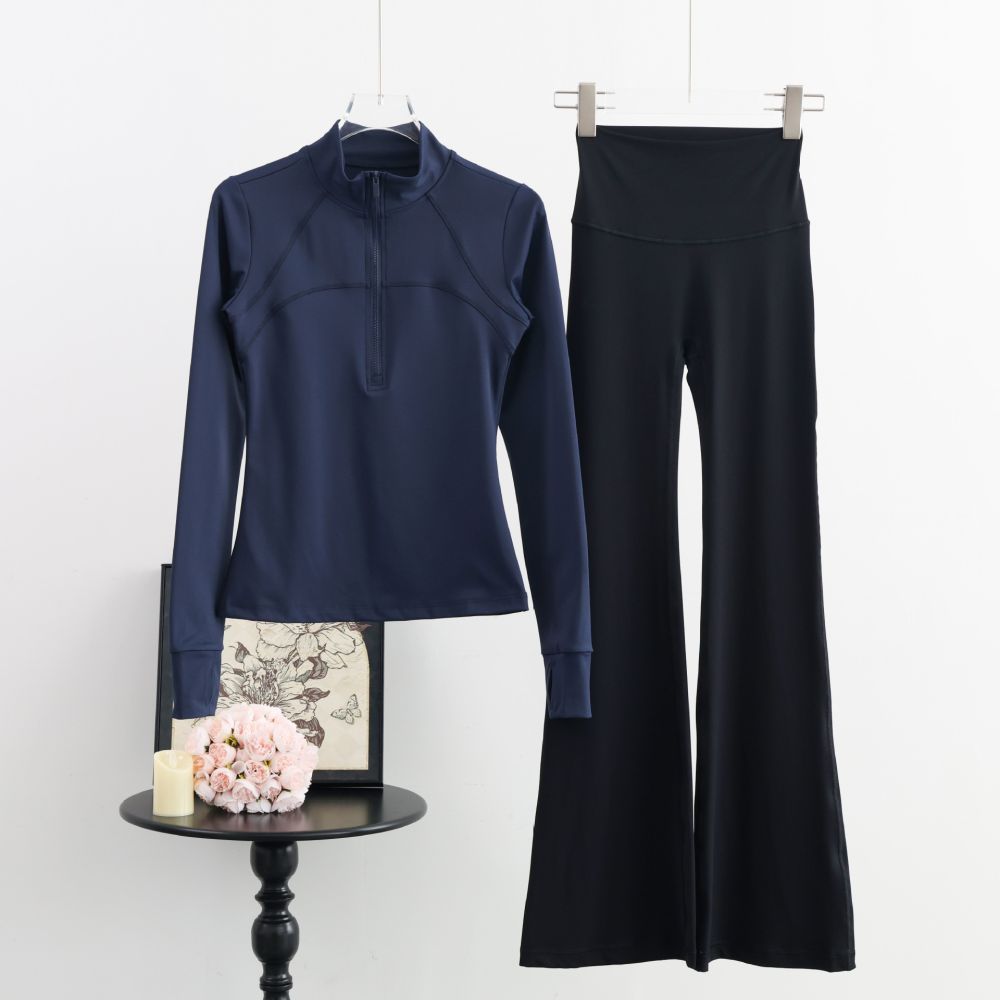 Women's Half-Zip Long-Sleeve Yoga Top, High-Waist Flare Pants Two-Piece Set
