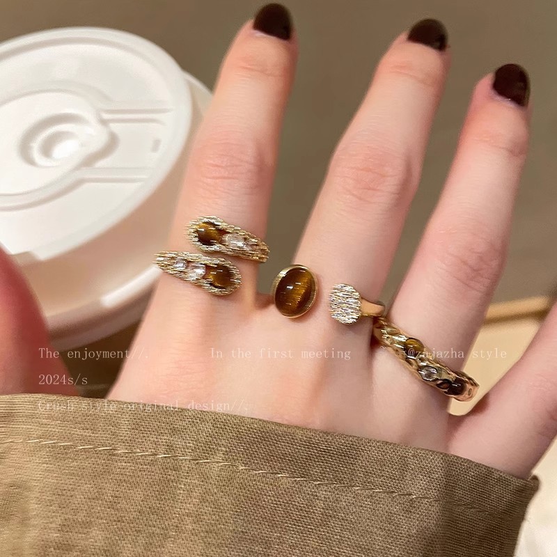 Tiger's Eye Stone Zircon Ring for Women - 1