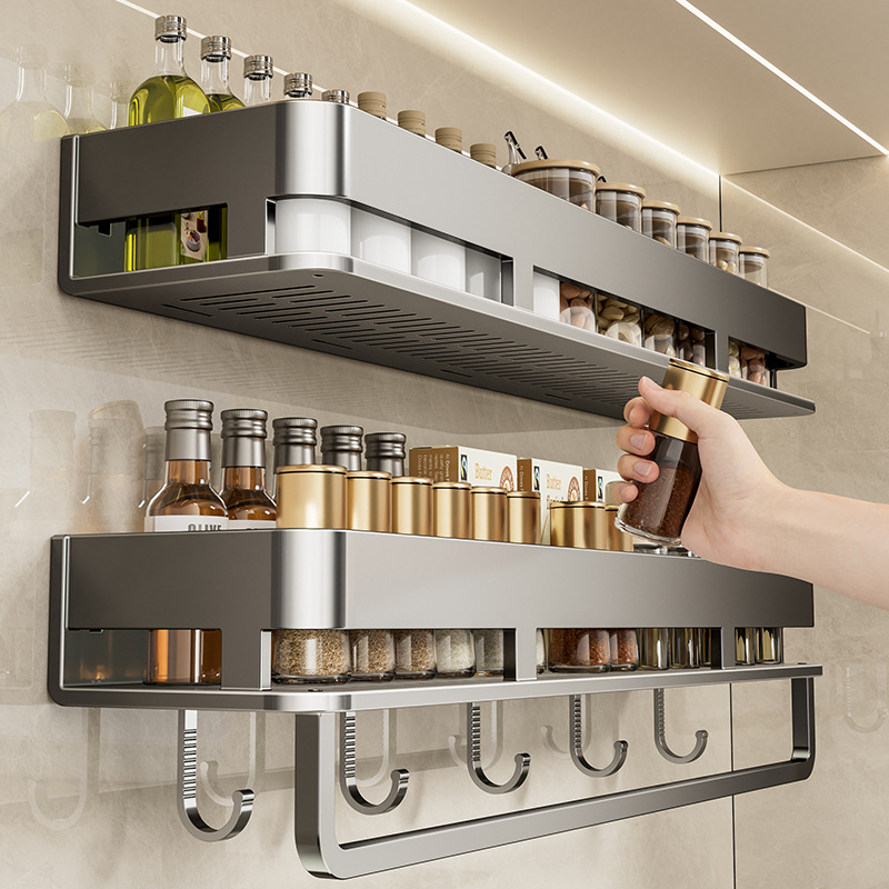 Kitchen storage rack multifunctional punch-free spice rack wall-mounted spice jar storage rack - 1