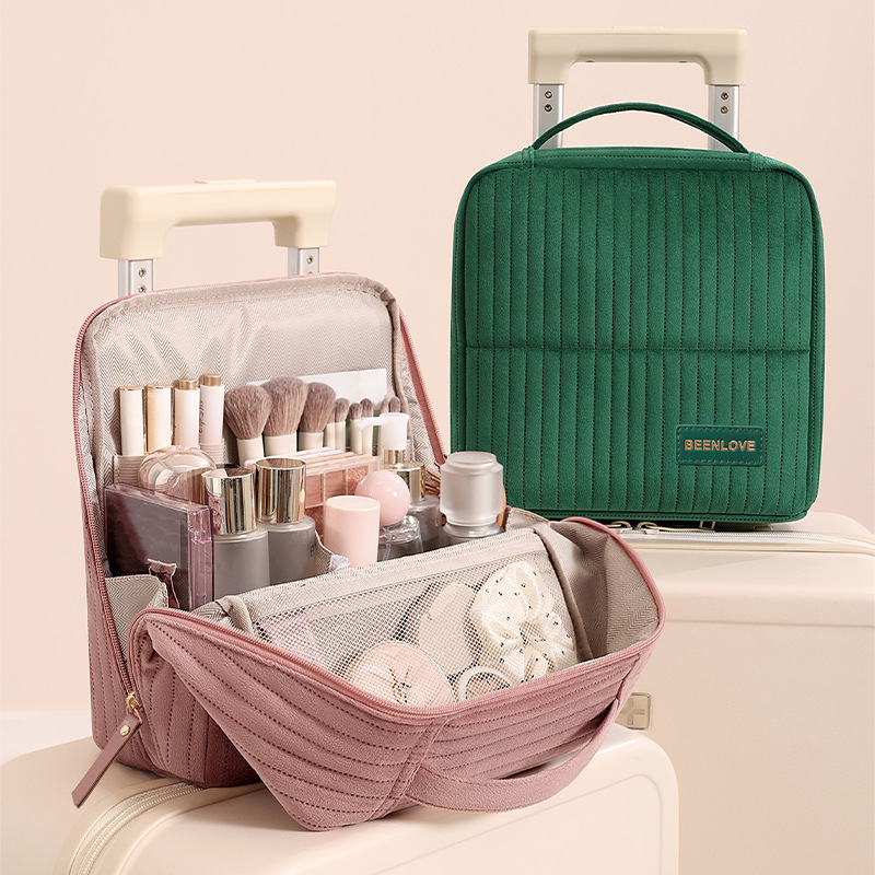 Upright cosmetic organizer bag, large capacity, compartments, travel