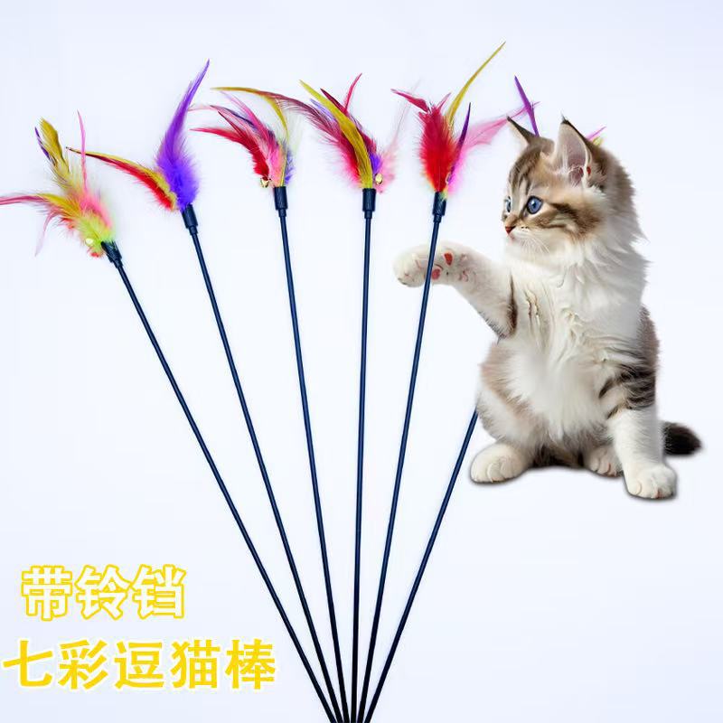 Long Pole Fairy Cat Teaser Wand, Colorful Feather with Bell