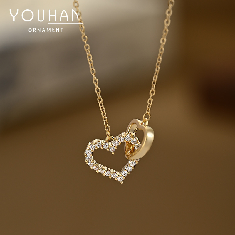 Gold-plated zircon necklace with heart cut pendant - 1