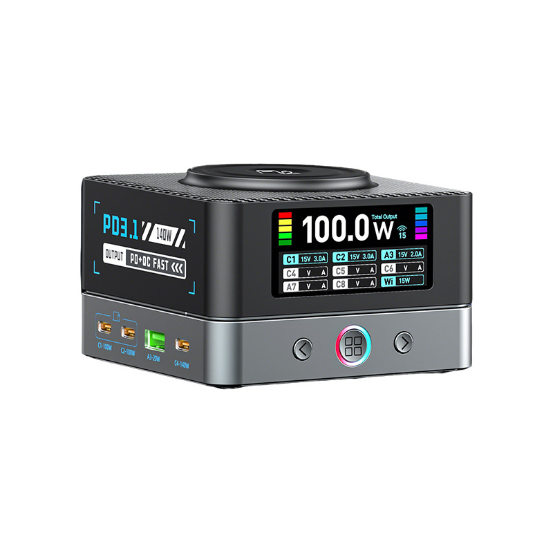 680W Multifunktionale Galliumnitrid-Desktop-Ladestation mit 15W kabelloses Laden, Multi-USB-Schnellladegerät, alle Protokolle