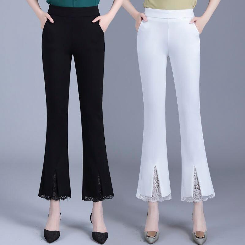 Damen-High-Waist-Hose mit weitem Bein, Weiß, elastisch