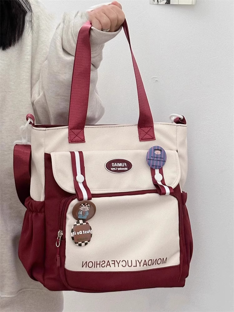 Japanese-style Color-block Student Handbag Tutoring Bag Canvas Junior High School Large Capacity Class Bag Women's Crossbody Sling Bag - 9