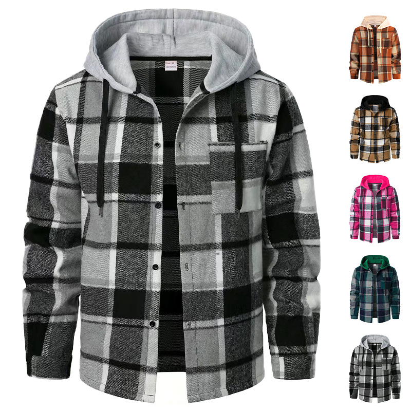 Men's warm hooded plaid shirt, loose casual fit, American-style jacket