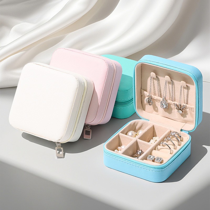Portable Zippered Jewelry Box Earring Ring Packaging Ornament Box Luxury Travel Jewelry Storage Box In Stock
