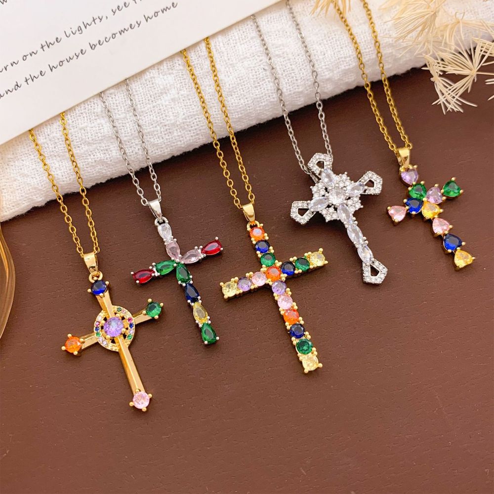 Cross Pendant Necklace with Colourful Zircon, Women's Fashion Jewelry