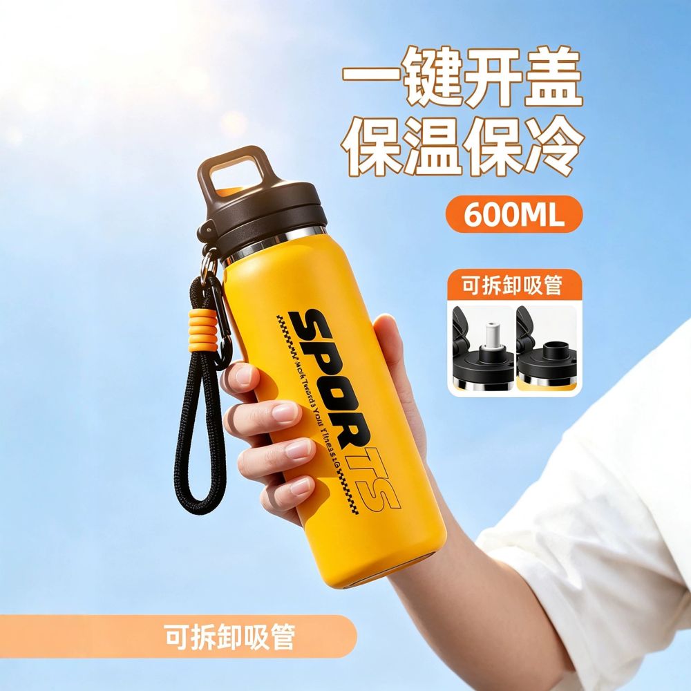 Outdoor Sports Insulated Cup 316 Stainless Steel Dual-Drink Straw Cup One-Click Lid Opening Portable Student Fitness Water Bottle Cup