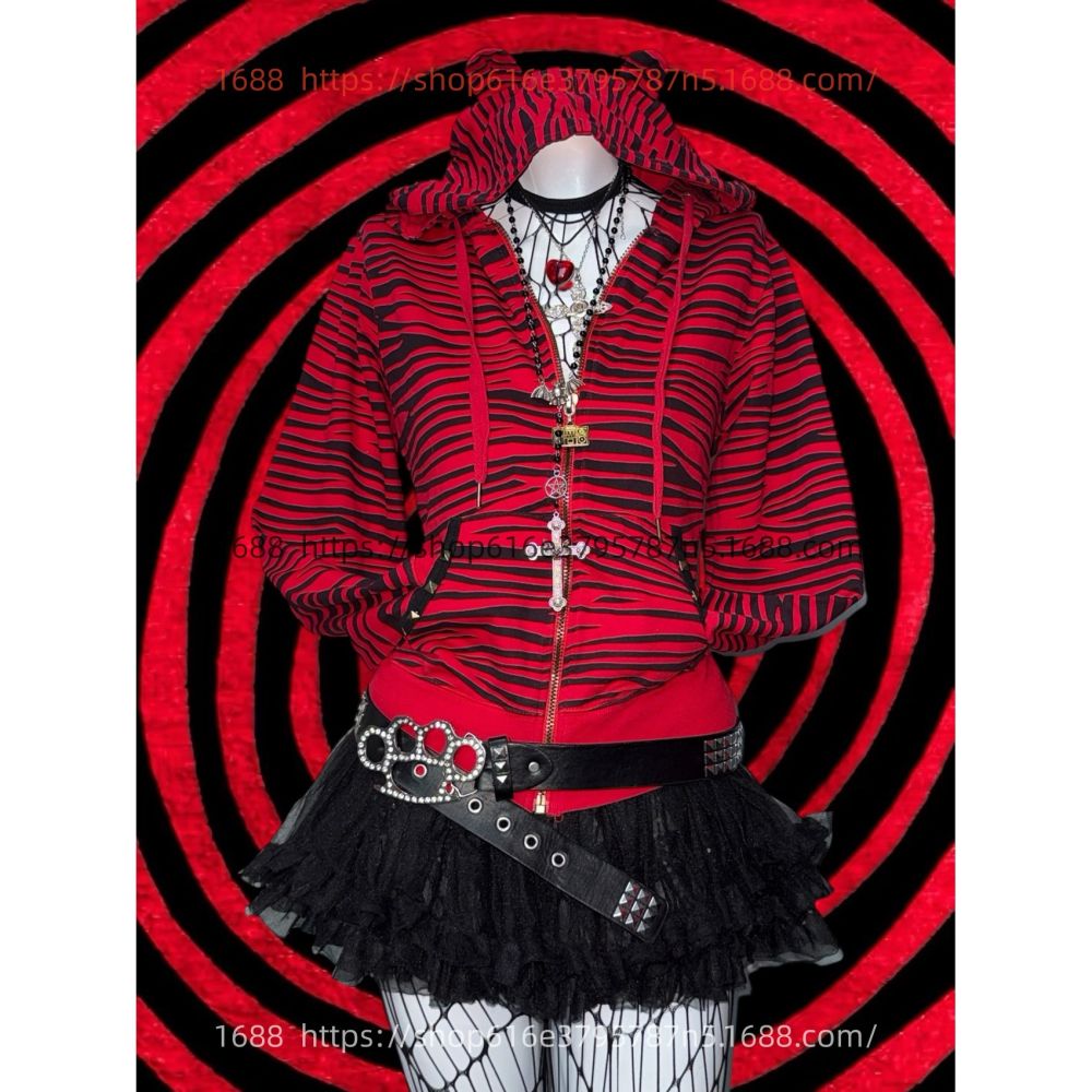 Y2K Zip-Up Striped Print Hooded Sweatshirt, Punk Style - 1