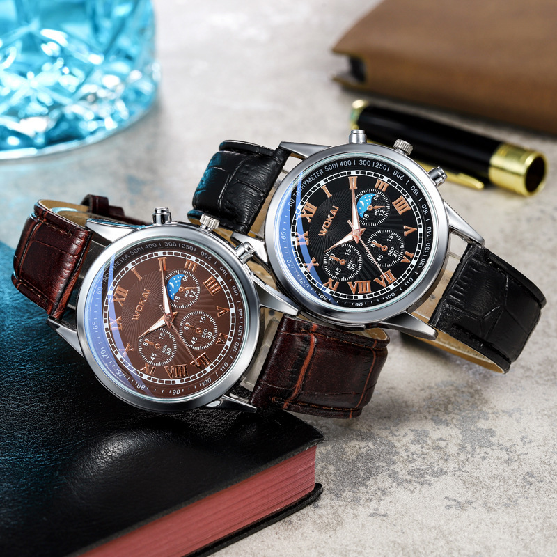 Men's leather strap quartz watch waterproof - 1