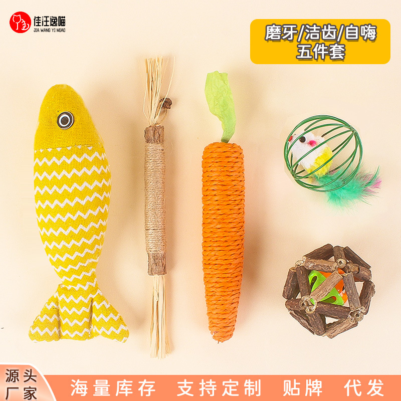 5-Piece Cat Toy Set with Interactive Teaser Toys, Catnip and Silvervine Teeth-Cleaning Pet - 1