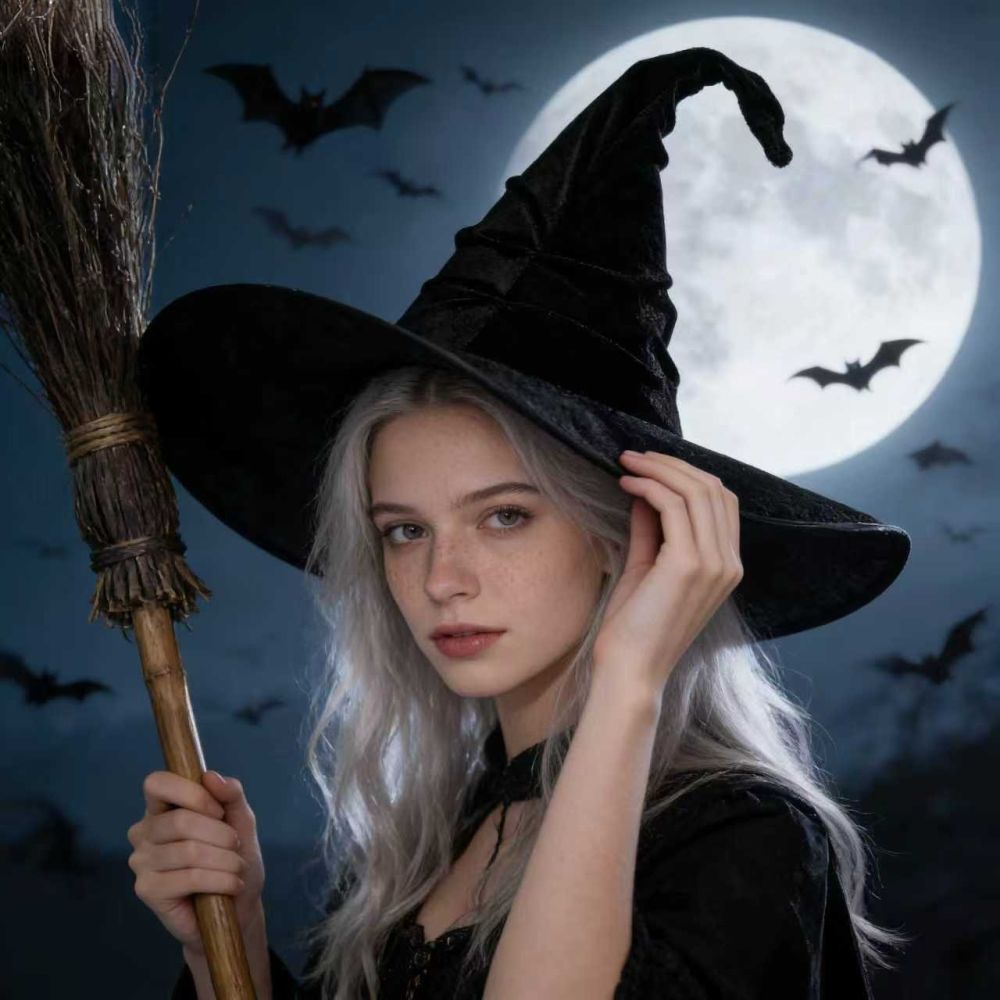 Halloween Velvet Pleated Witch Hat Cosplay Costume Prop