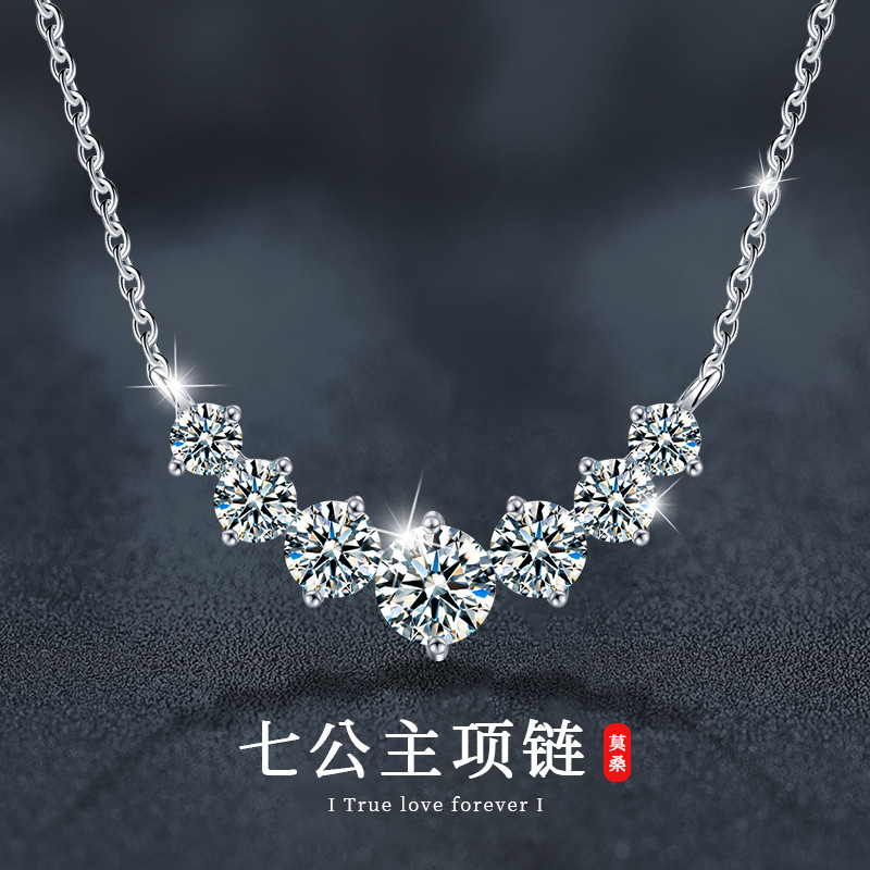 925 Silver Moissanite Necklace, Seven Princess Design, Clavicle Chain