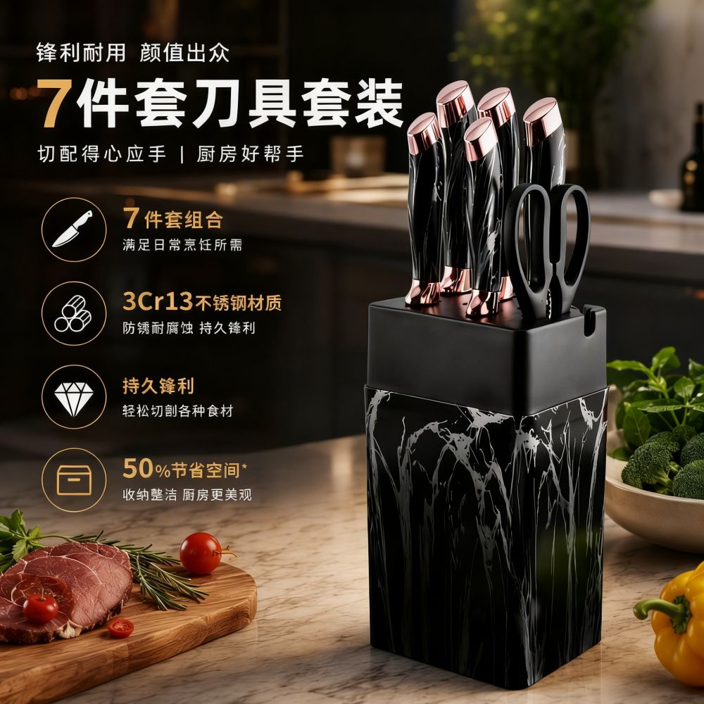 Marble pattern stainless steel kitchen knife set, 7-piece - 1
