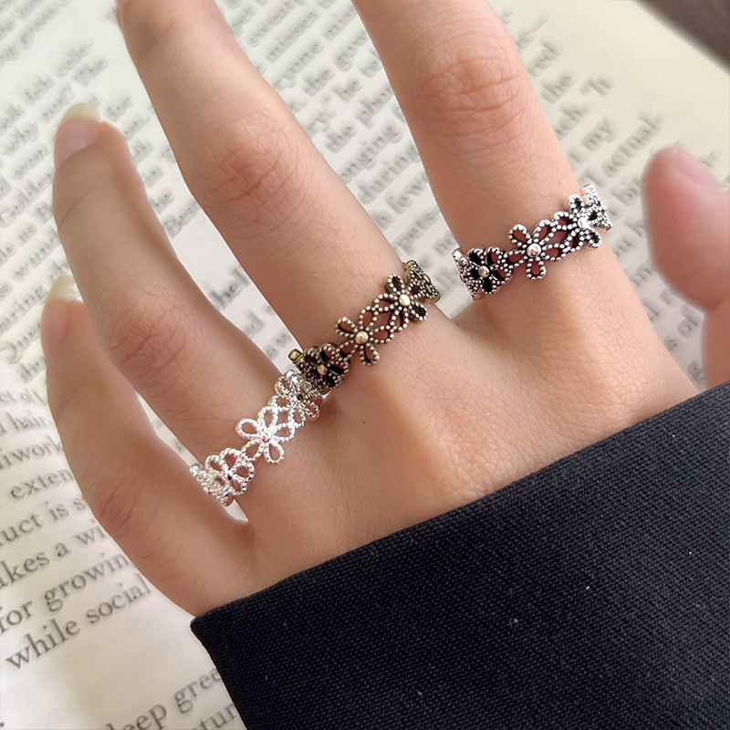 Lanzhi snowflake pattern 925 silver retro ring
