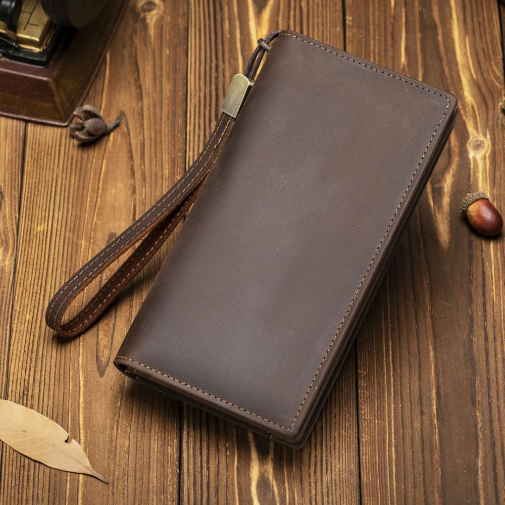 Men's Clutch Bag, Crazy Horse Leather Long Wallet with Zipper