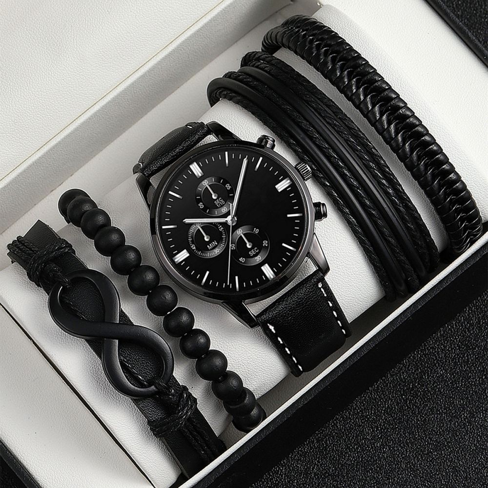 Men's leather belt, watch and bracelet set