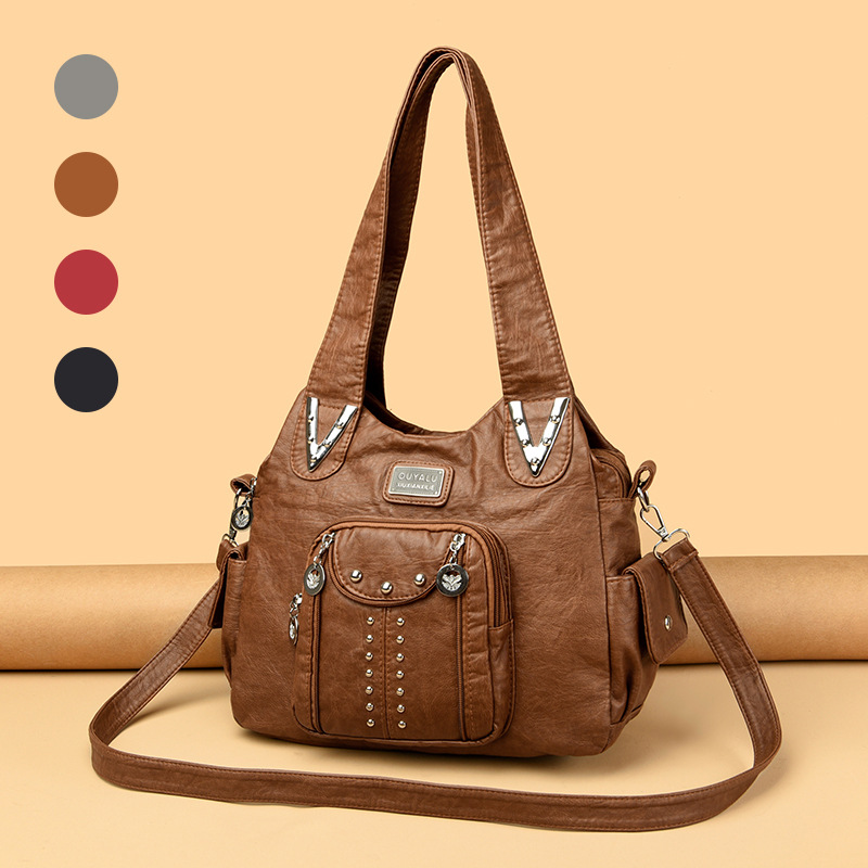 Washed Leather Women's Crossbody Shoulder Bag, Contrast Color, Large Capacity