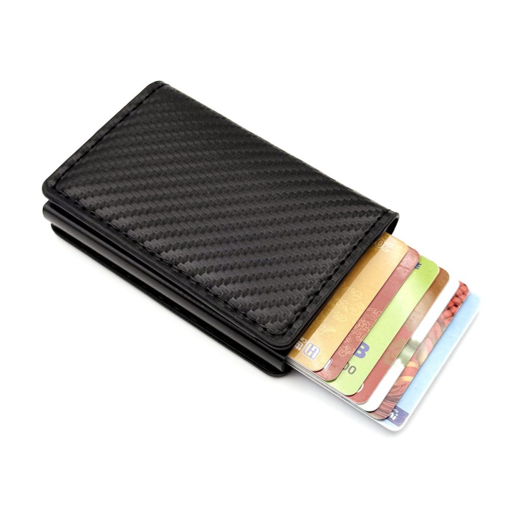 Sınır ötesi erkek kart tutucu hırsızlığa karşı ultra ince karbon fiber RFID otomatik kart çıkarma alüminyum alaşımlı banka kartı cüzdanı