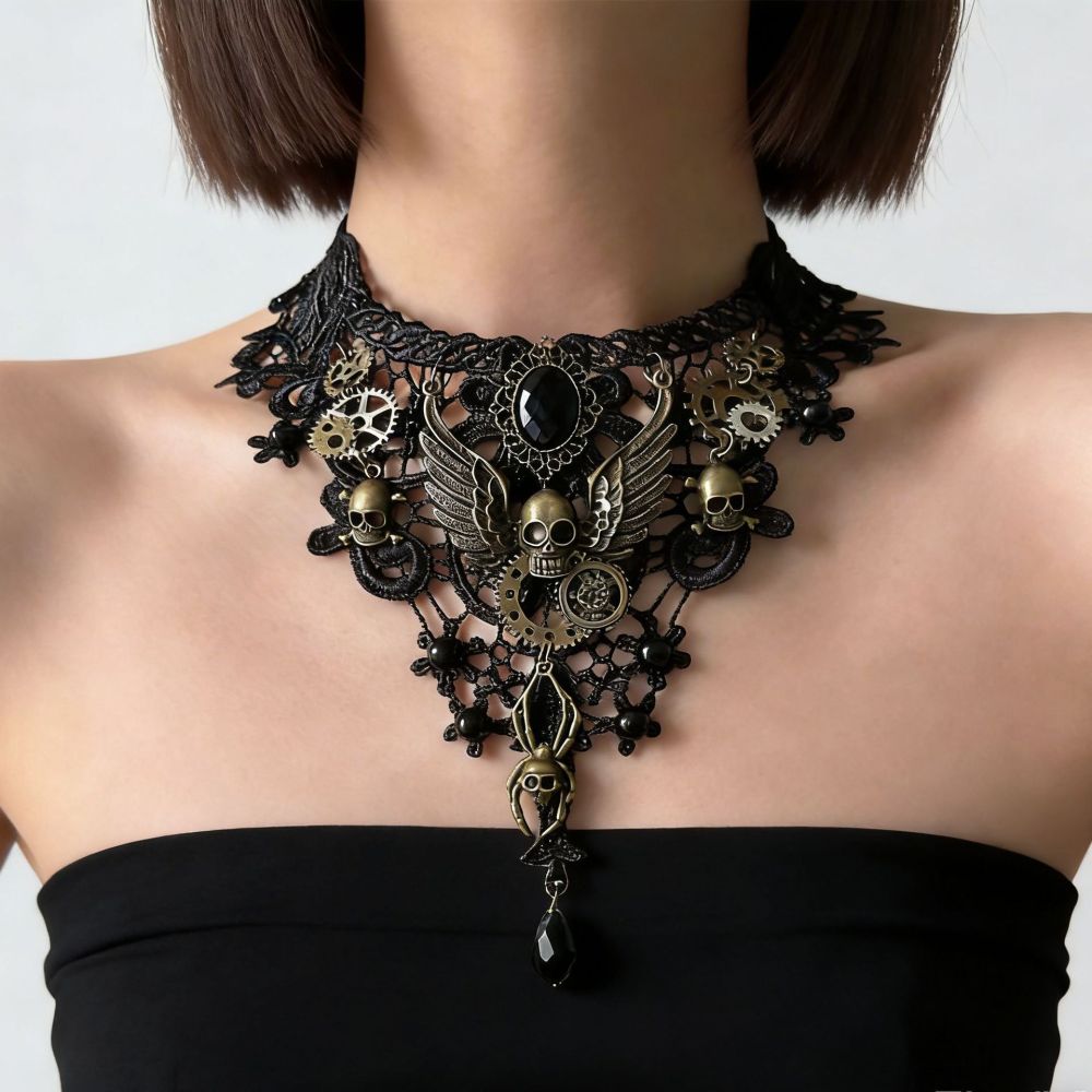 Gotik dantel choker kolye, siyah - 1