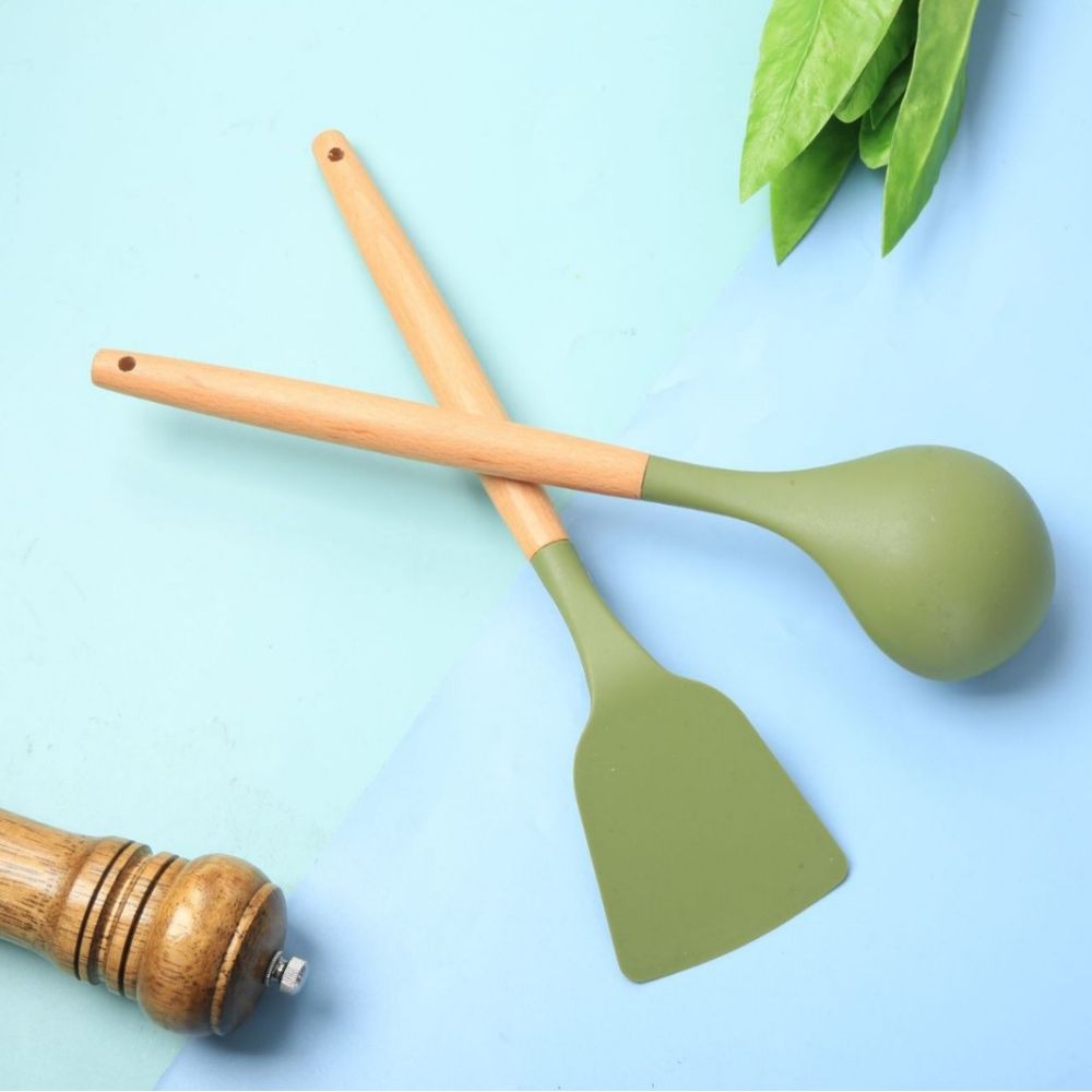 Yeni silikon mutfak gereçleri ahşap saplı çift set yüksek sıcaklığa dayanıklı gıda sınıfı yapışmaz spatula kaşık mutfak eşyaları seti - 6