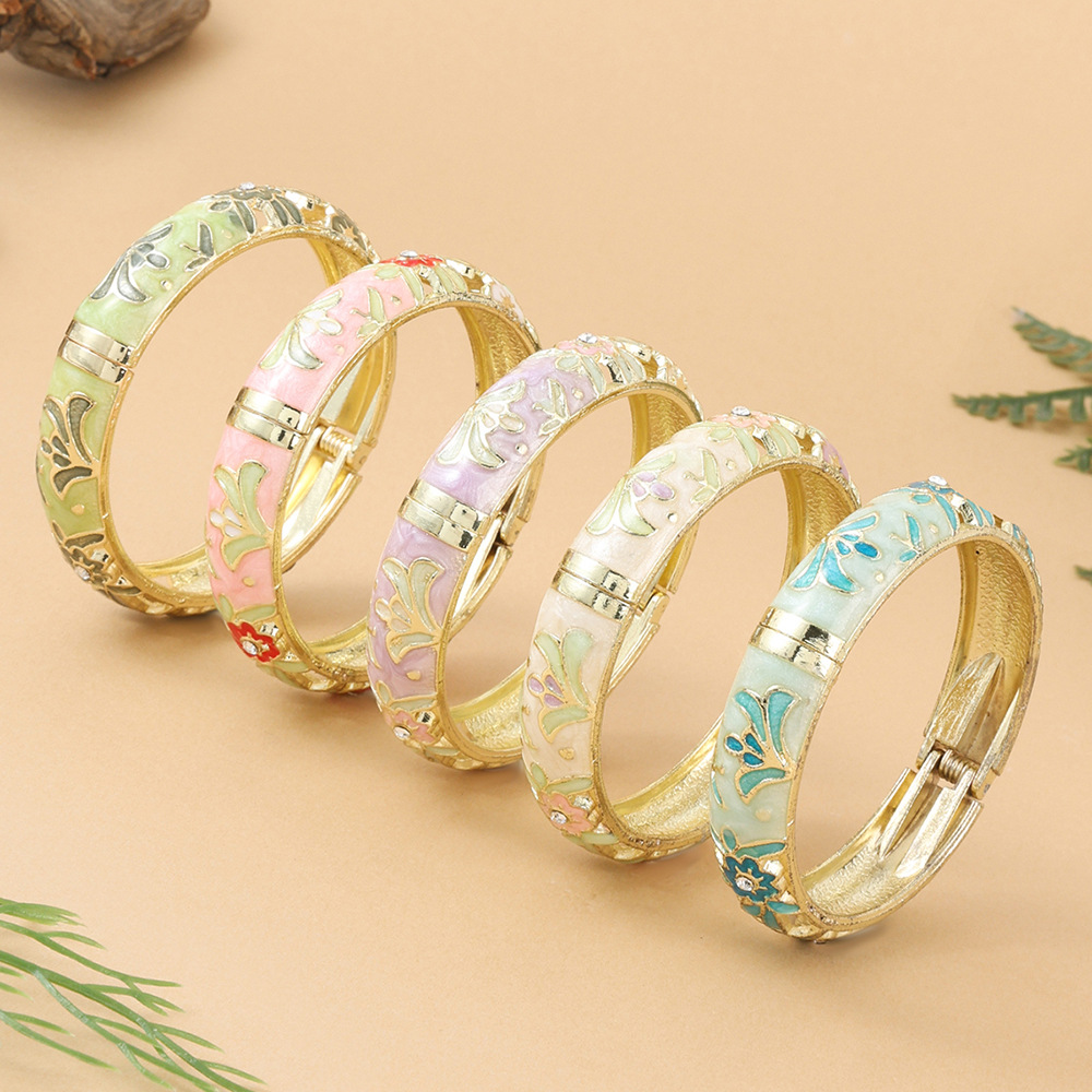 Cloisonné bilezik, çiçek desen, taşlı, geniş model