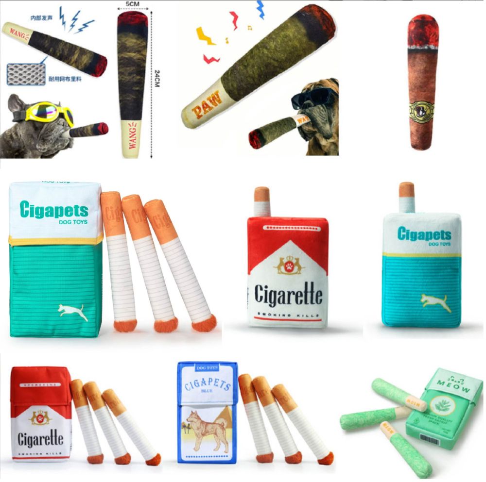 In-stock cross-border dog squeaky toy green simulated cigarette pack plush pet toy cat catnip cigarette
