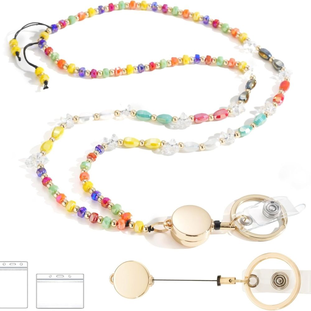 New Cross-Border Bestselling Colorful Crystal Beaded Lanyard Strap with Badge Holder ID Card Holder Stretchable Necklace LANYARD