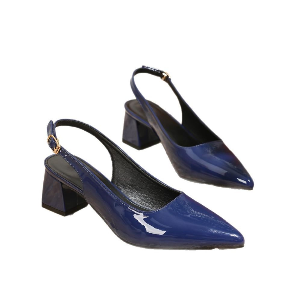 Cross-border foreign trade European size black work shoes, pointed toe high heels, chunky heel closed-toe single shoes, patent leather open-back women's sandals