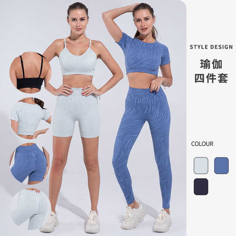 现货！新款无缝针织瑜伽服套装运动短袖女吊带文胸瑜伽裤高腰短裤