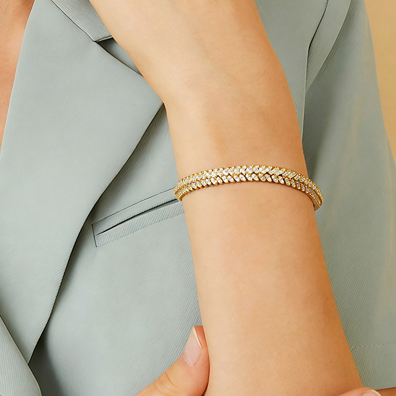 Modisches Armband, dicke Kette, Fischgrät-Muster, Zirkonia, Goldfarben und Silberfarben, elegant und stilvoll, voller Steine, Tennisarmband für Damen, Muttertagsgeschenk