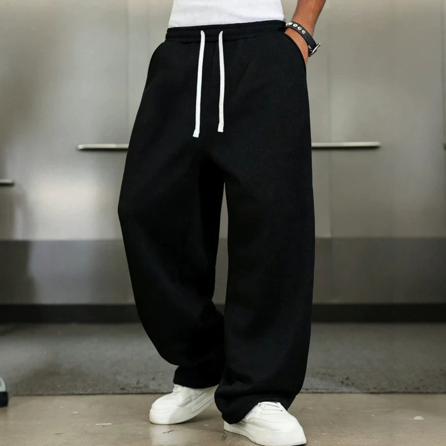 Cross-border Europe and America Men's High-Waist Drawstring Drape Floor-Length Casual Straight-Leg Pants, Versatile Loose Wide-Leg Sports Sweatpants