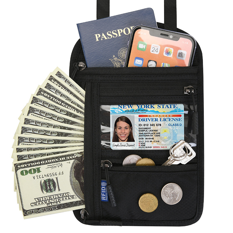 RFID neck wallet for travel documents and passport