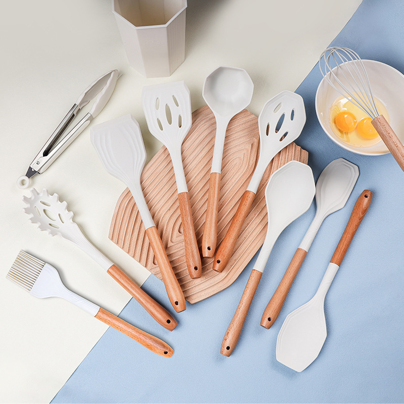 12 parçalı silikon ahşap saplı mutfak eşyası seti kayın ağacı saplı silikon mutfak eşyaları kürek kaşık kazıyıcı spatula sınır ötesi silikon mutfak eşyaları