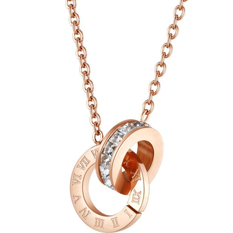 Titankarbonstahl Doppelring-Halskette, 18K Roségold vergoldet - 1
