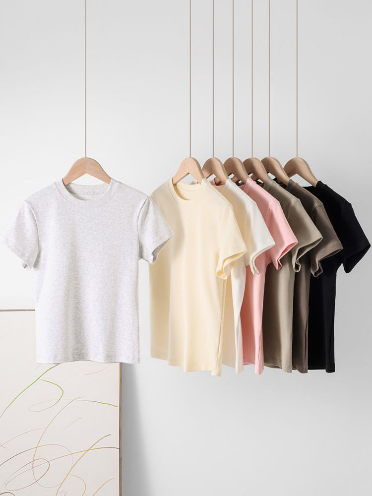 Women's Right Shoulder Short Sleeve T-Shirt French Round Neck 2025 Summer Short Elastic Thin Sexy Style Slimming Look Women's Short Top