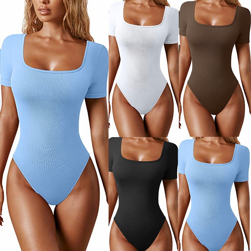 Kadın Kare Yaka Kısa Kollu Fitilli Dar Tulum, Yaz Modeli