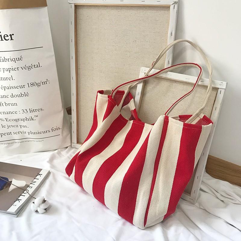 Damenhandtasche aus Leinen mit Streifenmuster, Einschulter-Tragegriff, große Kapazität, Canvas-Tasche in schlichtem und frischem Stil, elegant und vielseitig. - 5