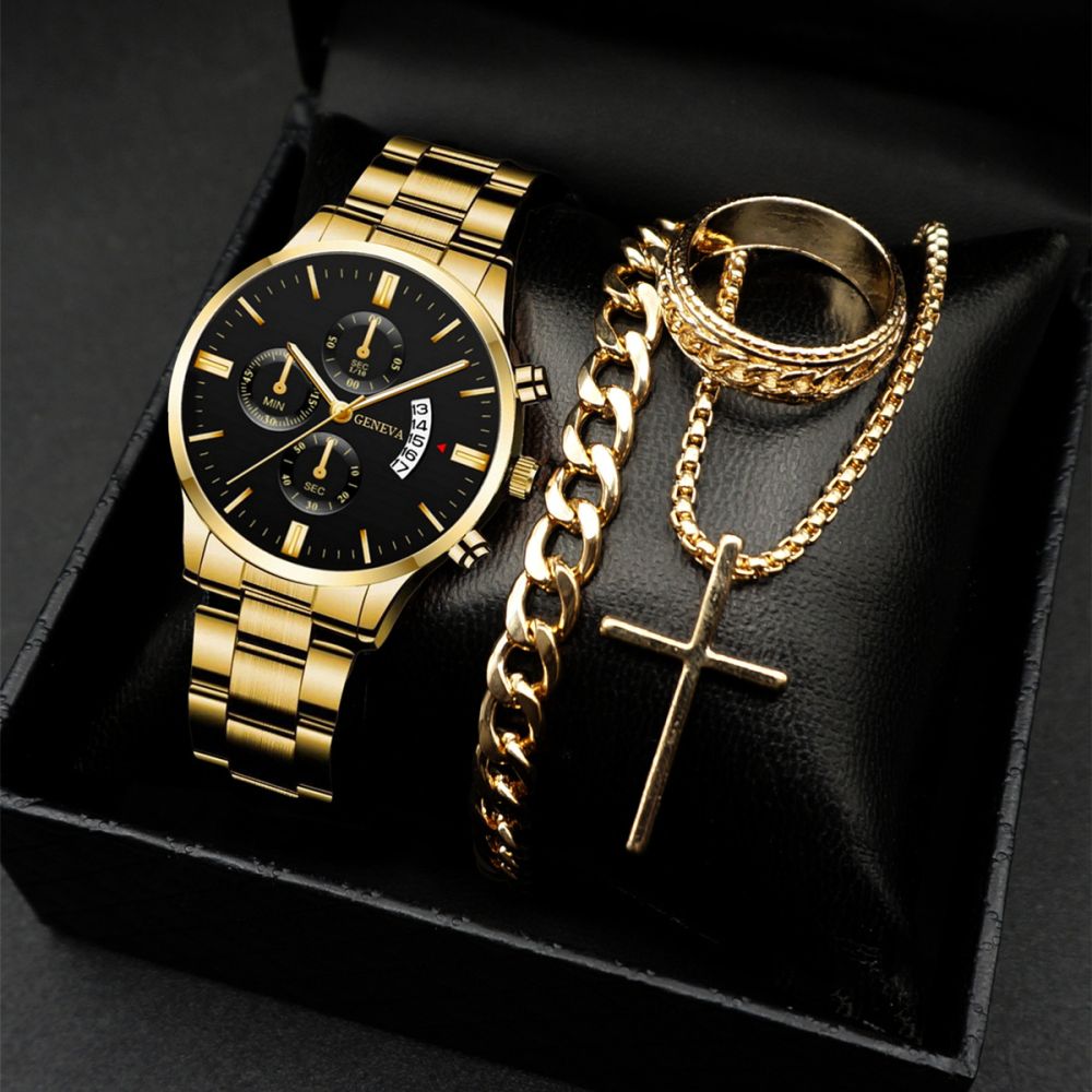 Men's calendar watch with steel band, sports design