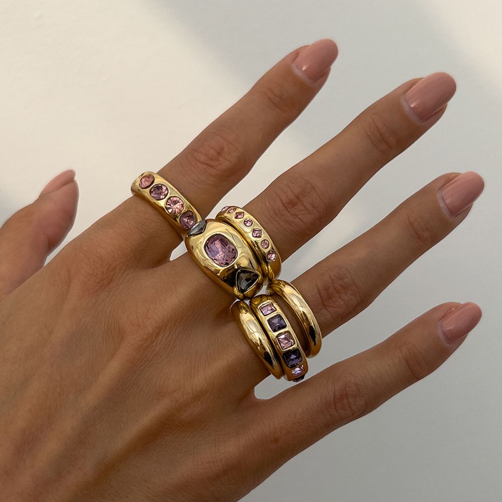 欧美跨境时尚ins风彩色宝石镶嵌戒指套装 金属质感光面指环Rings