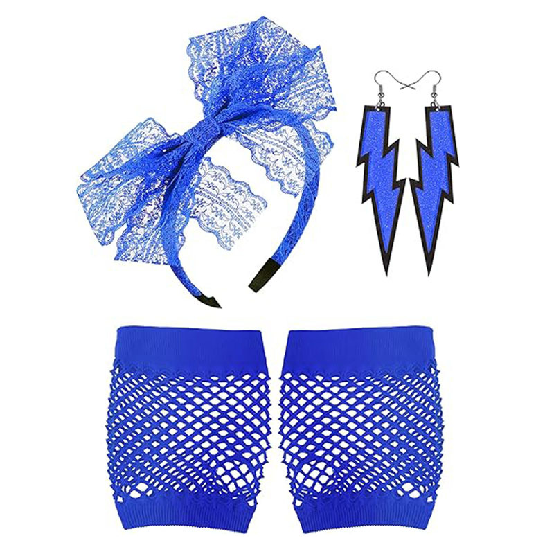 1980s Neon Party Jewelry Set with Lace Headband, Earrings and Mesh Gloves
