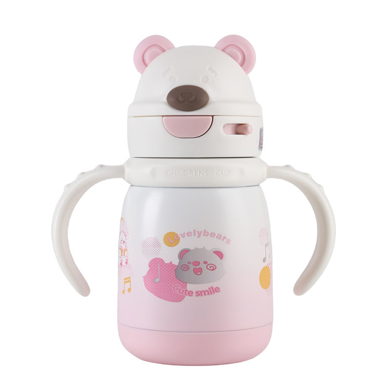 Stainless Steel Infant Insulated Cup with Gravity Ball, Lying-Down Drinking Straw Cup, Handle, Shoulder Strap, Cartoon Water Cup - 6