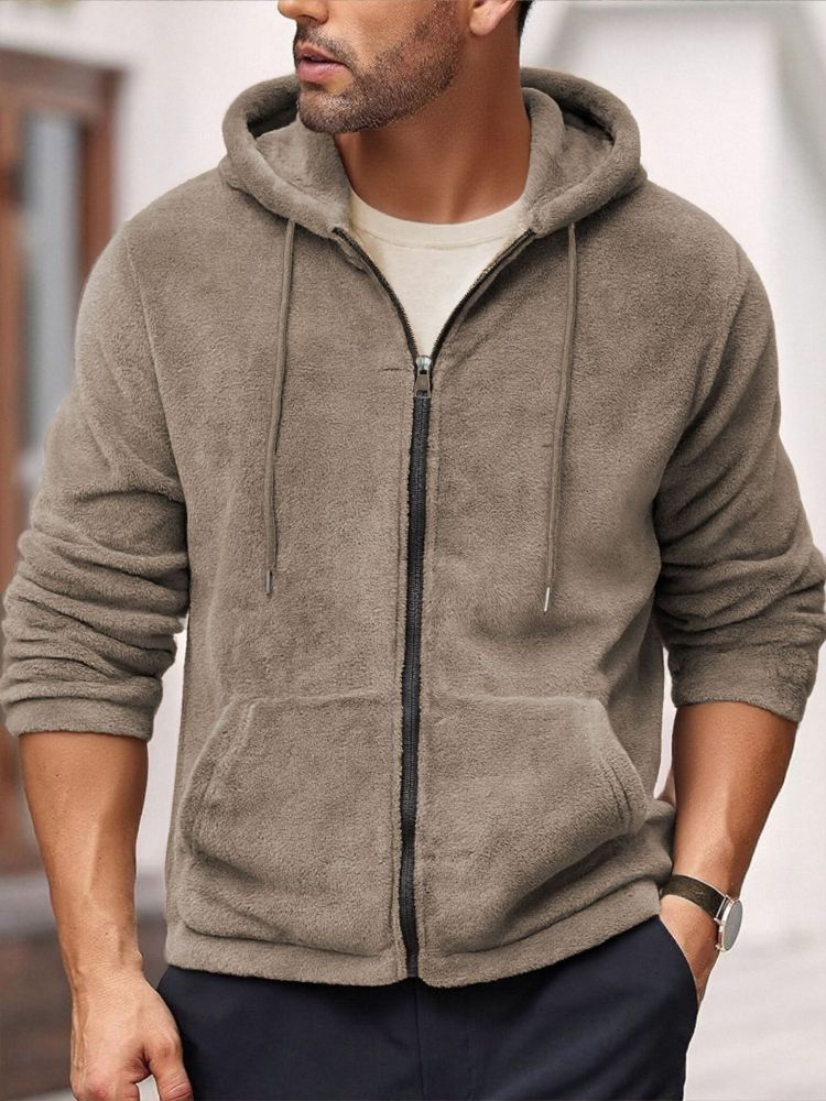 Solid color hooded zip coral fleece jacket for autumn and winter